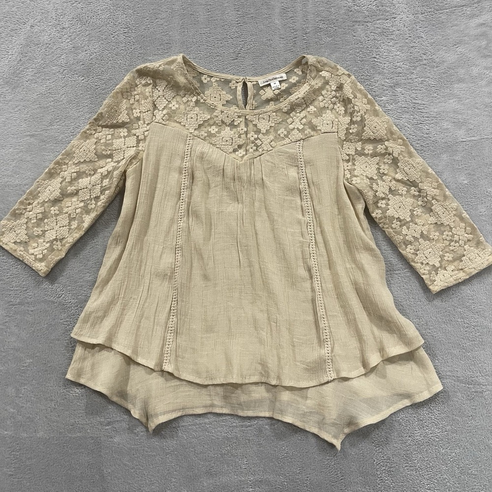 John Paul Richard Blouse Tunic Top Women M Beige Boho Lace Long Sleeve Beach